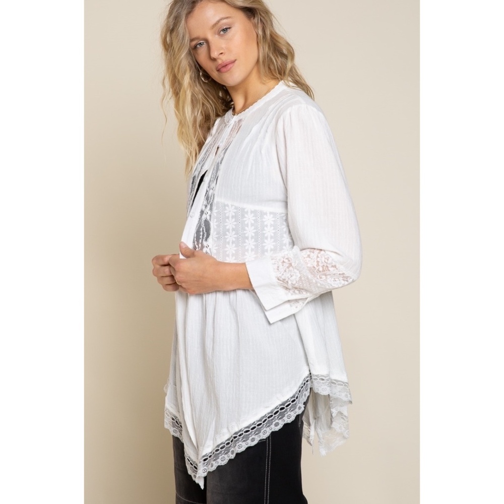 POL Off White Cotton & Lace Long Sleeve Unbalanced Hem Button Down Shirt - Picture 4 of 10